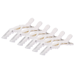 Zes witte Heatreak-haarclips met geribbelde handgrepen, netjes gerangschikt op een witte achtergrond, in navolging van het veerkrachtige ontwerp van hairtalk® Alligator Clips, perfect voor het vastzetten van hairextensions.