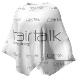 Hairtalk® Kappersmantel witte haarstylingcape met grijze logoprint, ideaal voor haarverlenging.